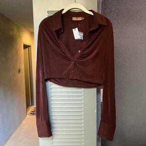 Luna B Chocolate Ruched Cropped Long Sleeve Shirt